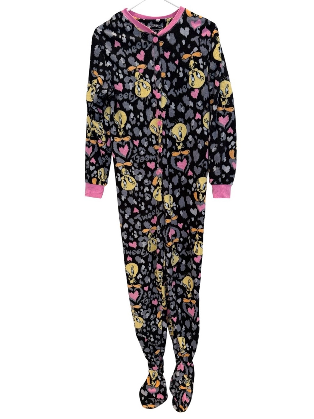Looney Tunes Adult M Fleece Pajamas Tweety One Piece Footed Sleepwear